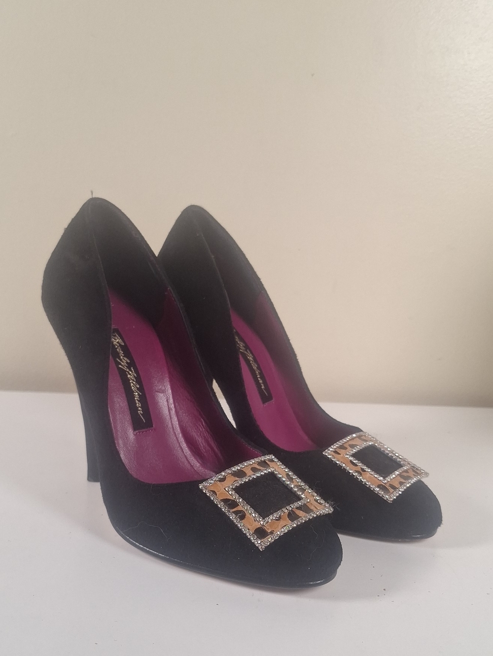 Beverly Feldman Vintage Black Suede Leopard Rhinestone Buckle Pumps - Size 5